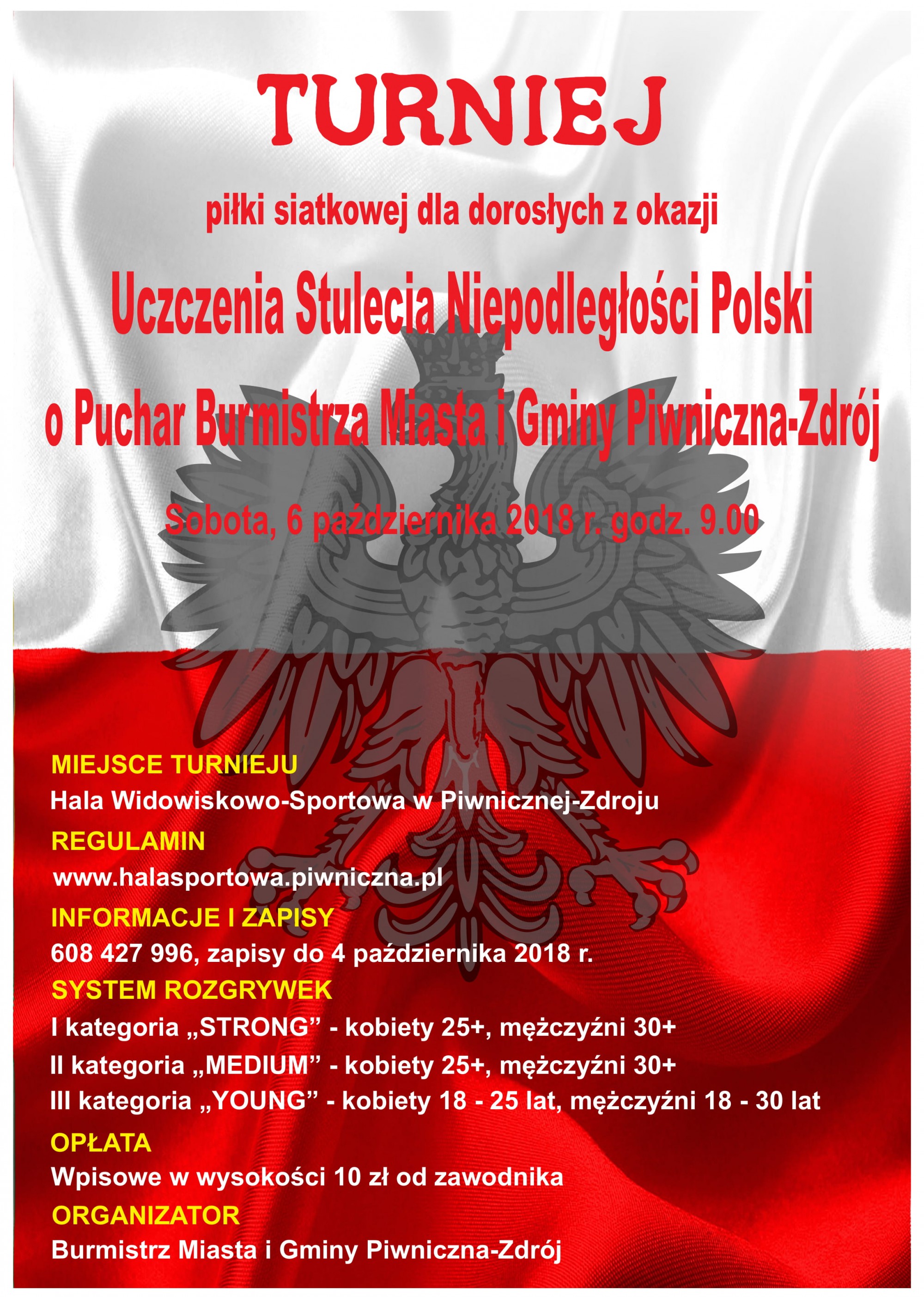 TURNIEJ PIŁKI SIATKOWEJ DOROSŁYCH   O PUCHAR BURMISTRZA MIASTA I GMINY PIWNICZNEJ – ZDRÓJ  Z OKAZJI UCZCZENIA STULECIA NIEPODLEGŁOŚCI POLSKI