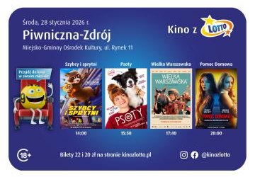 Kinowe hity w Piwnicznej-Zdroju. Tym razem Kino z LOTTO. Zapraszamy 28 stycznia do Miejsko-Gminnego Ośrodka Kultury w Piwnicznej-Zdroju na wyjątkowe filmy